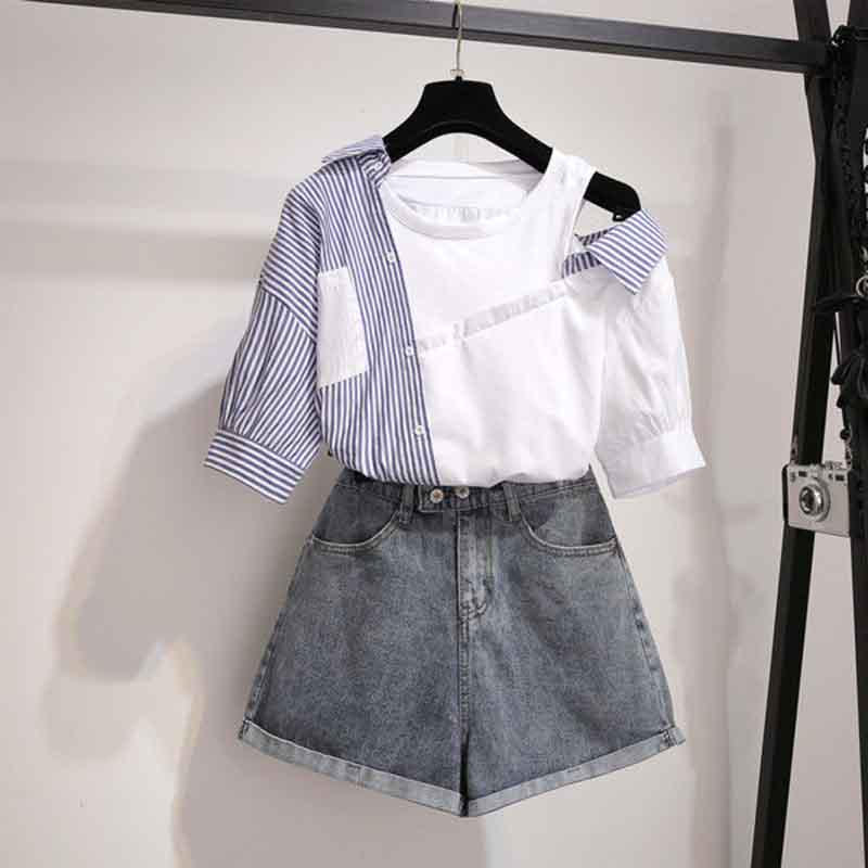 S-XL Summer Women Sexy O-neck Off Shoulder Irregular Striped T-shirt+Denim Shorts 2pcs Office Lady Slim T-shirt Button Shorts Suits