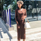 Autumn and Winter Fashion Padded V-neck Ladies Dress Mid-length Over-the-knee Bag Hip Skirt Bottoming Knit Sweater Skirt