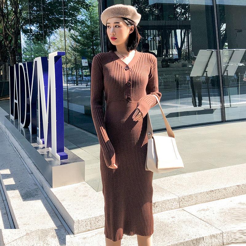 Autumn and Winter Fashion Padded V-neck Ladies Dress Mid-length Over-the-knee Bag Hip Skirt Bottoming Knit Sweater Skirt