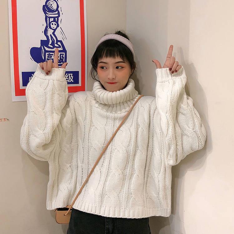 Solid Color Thick Turtleneck Sweater Autumn and Winter Loose Twist Pullover Knitted Sweater