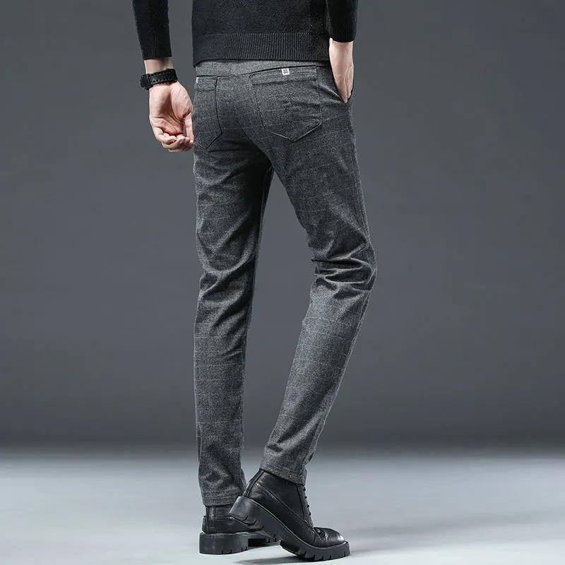 Men's Casual Cotton Linen Pants Business Plaid Trousers Straight Slim Long Pants Spring and Autumn Office Casual Pants