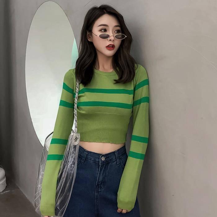 Pofulove Sexy Slim Waist Round Neck Pullover Short Striped Sweater Women Open Navel  Knitwear