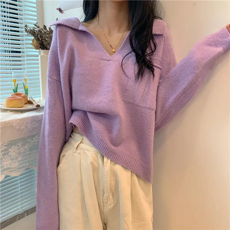 Autumn and Winter Students Lazy Wind V-neck Long-sleeved Sweater Loose Outer Wear Pullover Sweater Women