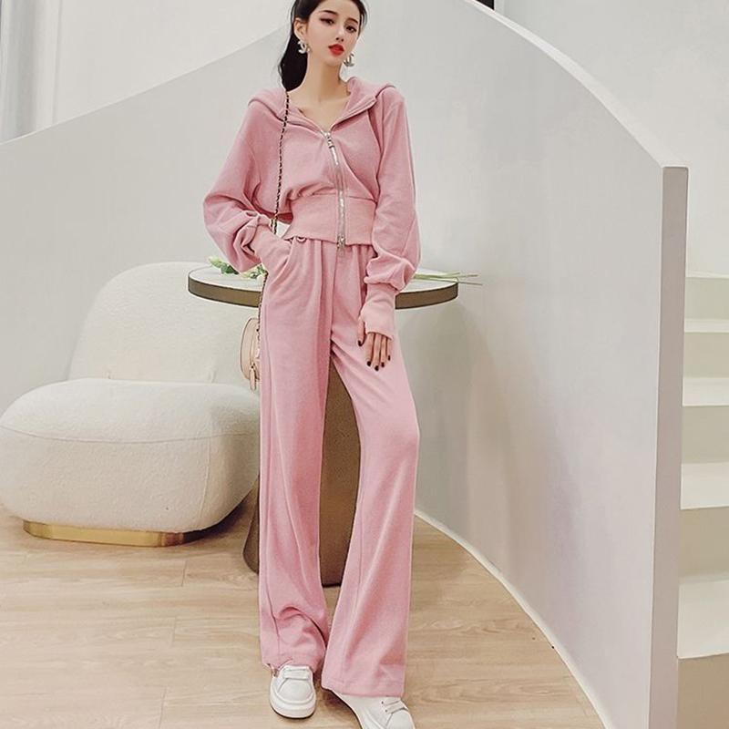 Women Hoodies Hooded Sweatshirts Zippers Tops Pink Loose Casual Clothes Oversized Harajuku Tracksuit Hoodies Suit Sweatshirts Set