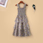 Flower Pattern Chiffon Women Sexy A-line Skirt Sling Dress Mid-length Sleeveless Ruffled Folds Party Floral Sundress