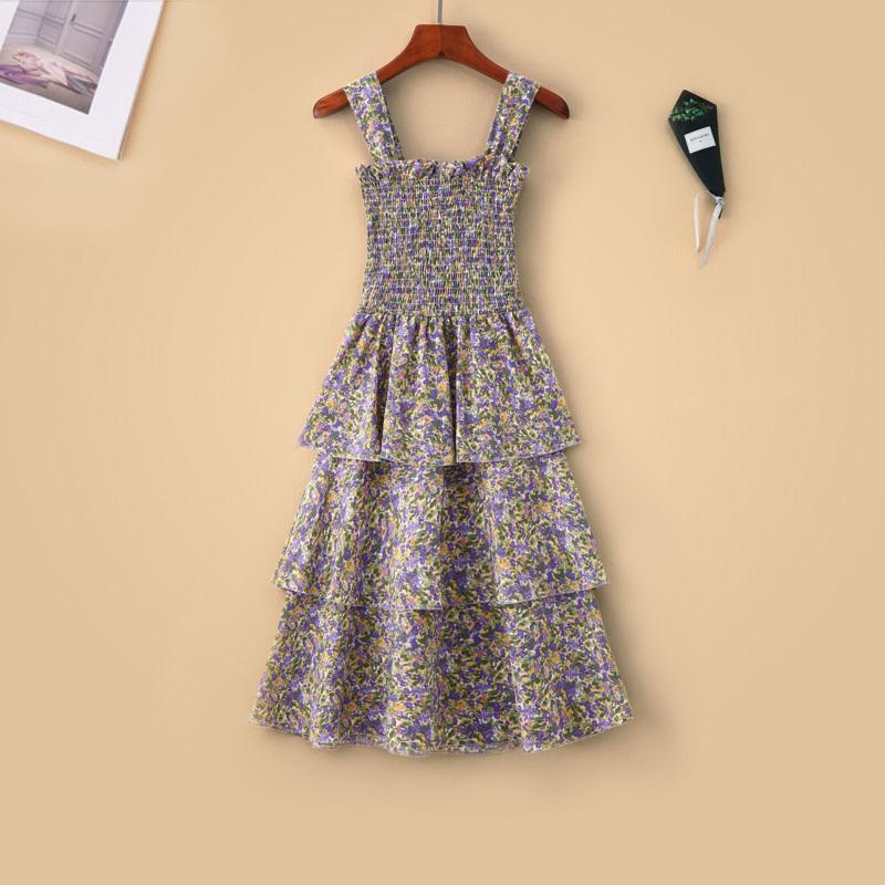 Flower Pattern Chiffon Women Sexy A-line Skirt Sling Dress Mid-length Sleeveless Ruffled Folds Party Floral Sundress