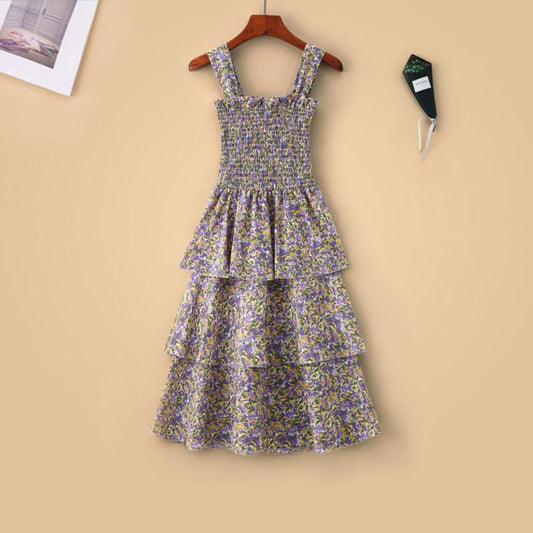 Flower Pattern Chiffon Women Sexy A-line Skirt Sling Dress Mid-length Sleeveless Ruffled Folds Party Floral Sundress
