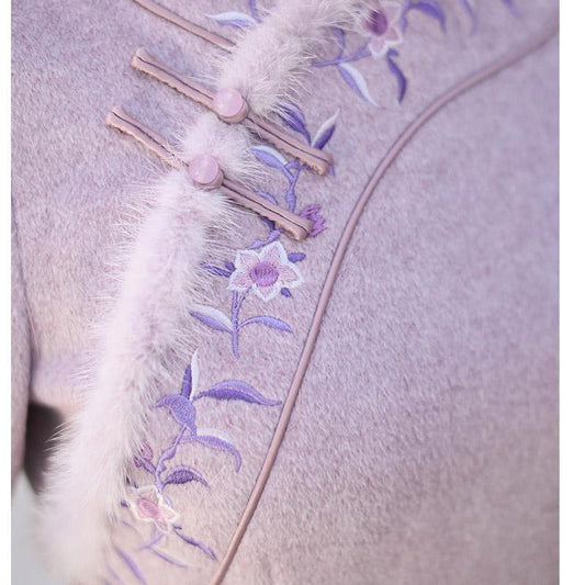 Winter Chinese Style Retro Stand-up Collar Temperament Self-cultivation Embroidered Embroidered Mink Fur Cheongsam Dress