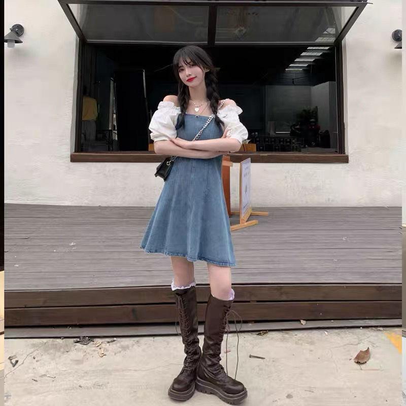 Women's Denim Dress Puff Sleeves Spring and Summer Sexy Short Dress Daily Wear Office Dating Party  A-line Dress