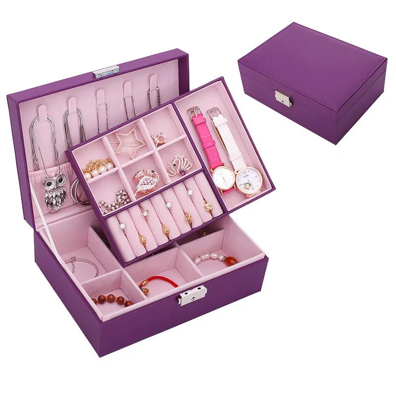 Jewelry Box Leather with Lock European Double Wood Jewelry Storage Box Earrings Ring Necklace Jewelry Storage Box