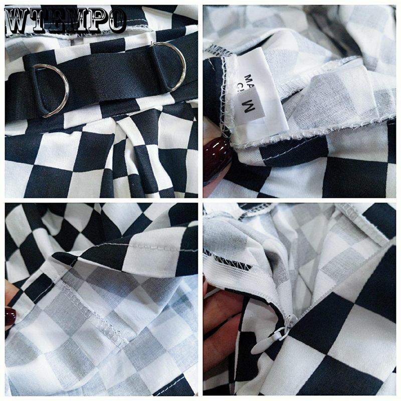 Womens Black and White Glazed Chain Checkerboard High Waist Skirt Streetwear Cotton Plaid Skirts Dancing Short Mini Skirts