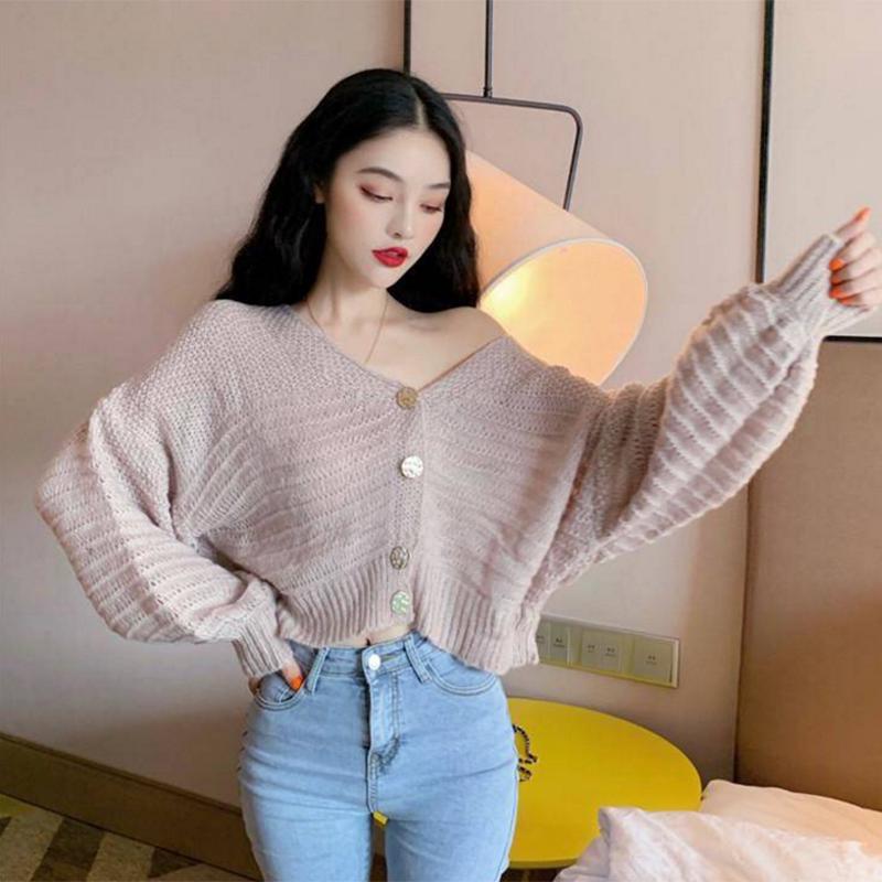 Pofulove lazy wind sweater female loose student wild long-sleeved cardigan hollow knitted jacket