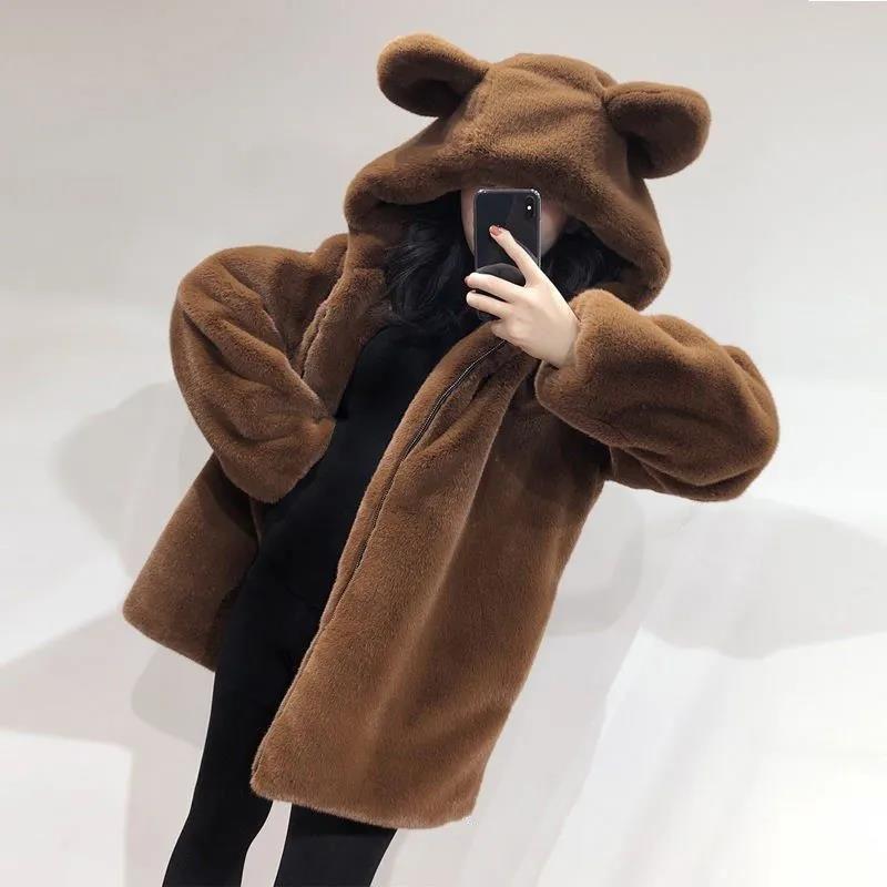 Faux Fur Coat Winter Ladies Cute Bear Ears Plush Thick Warm Hooded Mid-length Fur Coat
