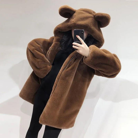 Faux Fur Coat Winter Ladies Cute Bear Ears Plush Thick Warm Hooded Mid-length Fur Coat