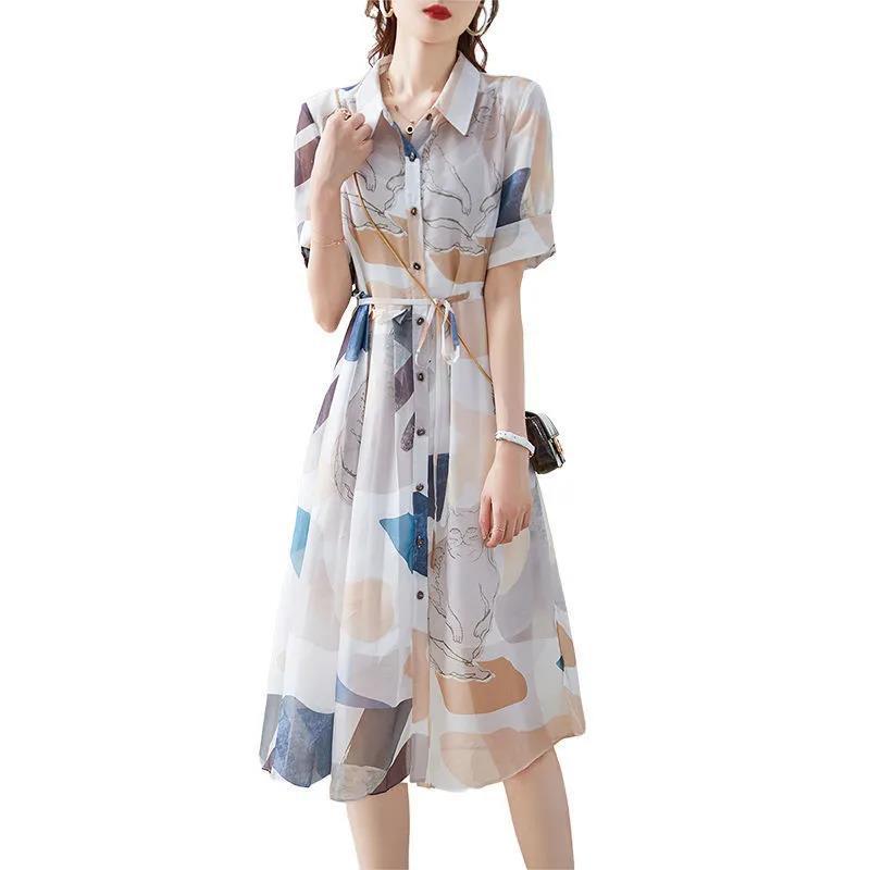 Summer Women's Light and Comfortable All-match Skirt Mid-length Lapel Dress