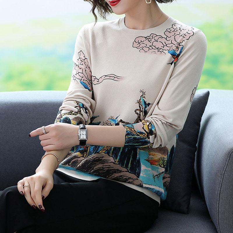 Autumn Winter 3D Printed Woolen Sweater Vintage Knit Bottoming Sweater Warm Plus Size Wool Blend Jumper Tops