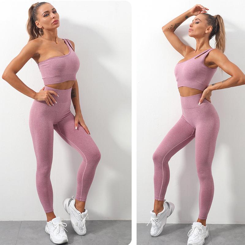 Women's Yoga Wear Sports Suit One Shoulder Vest Sports Bra Tight Pants Solid Color Gym Running Fitness Suit Tracksuit Active Athletic Clothing Sets