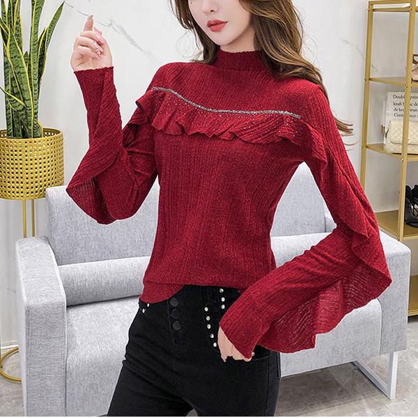 Autumn and Winter Rhinestone Ruffle Sweater Round Neck Long-sleeved Slim Top All-match Knitted Bottoming Shirt
