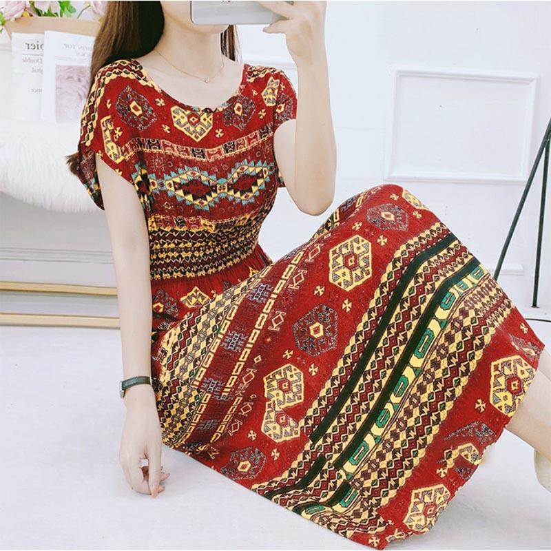 Ethnic Style Cotton Silk Floral Dress Seaside Holiday Fairy Skirt Large Print Mid-length Skirt