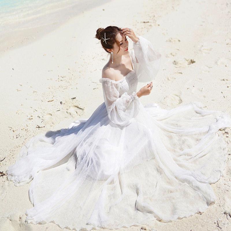 Woman skirt word shoulder chiffon dress female summer seaside beach skirt slim wild white dress