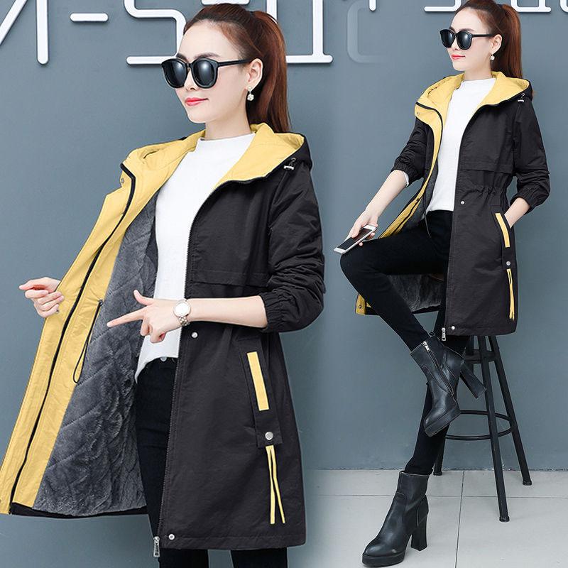 Autumn and Winter Plus Velvet Mid-length Overcoat Women's Slim  All-match Hooded Parka Jacket Female Flocking Trench Coat