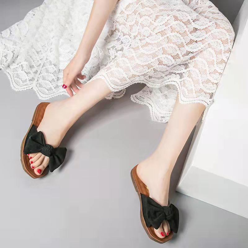 Women's Sandals and Slippers Summer Bows Outer Wear Beach Shoes Flat-bottomed Home Shoes Pregnant Women's Slippers Casual Shoes