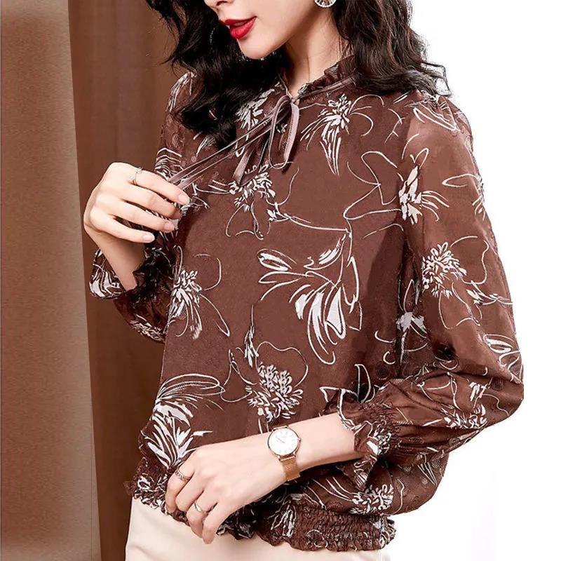 Women's Spring and Autumn Chiffon Long Sleeve Top Tie Bow Print Shirt
