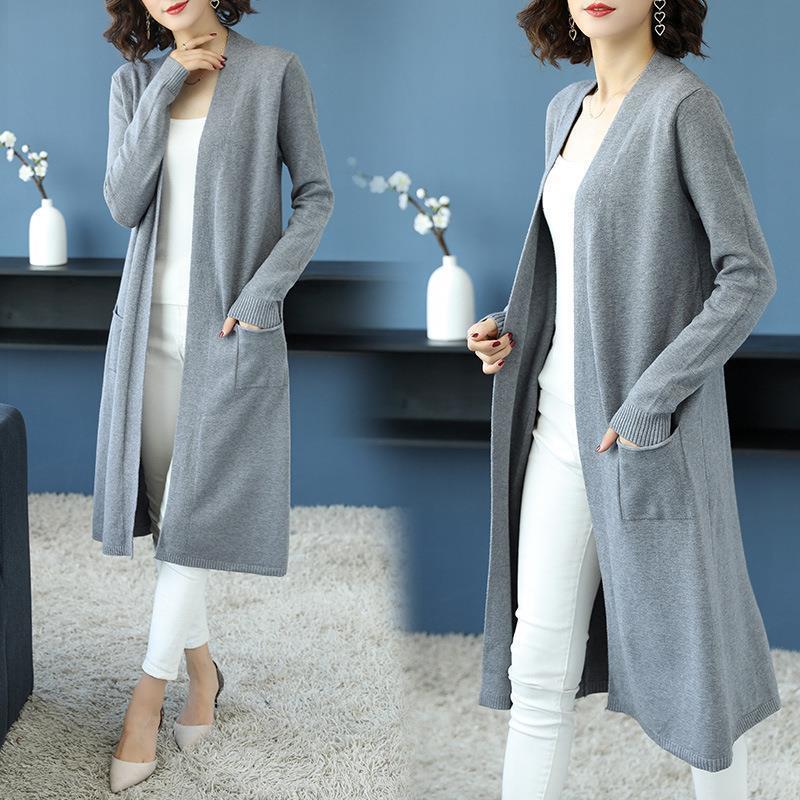 Spring and Autumn Long Knitted Jacket Loose Over The Knee All-match Jacket Fashion Solid Color Female Top