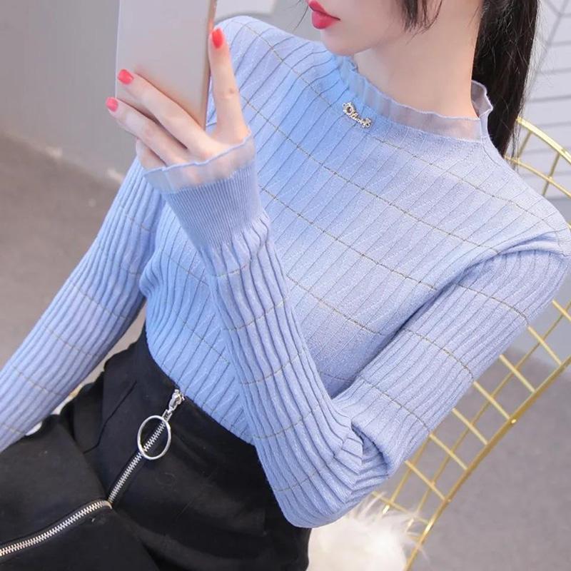 Autumn and Winter Lotus Leaf Collar Long-sleeved Sweater Women's Self-cultivation Bottoming Shirt with Net Gauze and Wood Ears