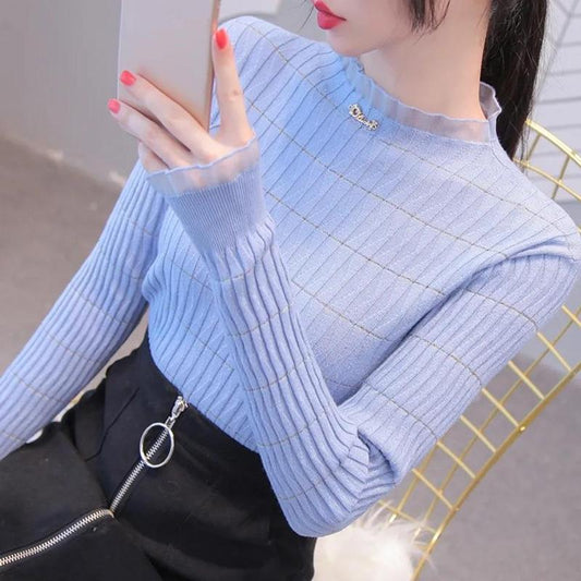 Autumn and Winter Lotus Leaf Collar Long-sleeved Sweater Women's Self-cultivation Bottoming Shirt with Net Gauze and Wood Ears