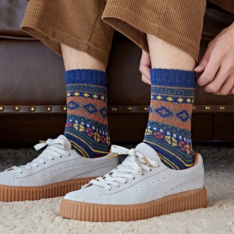 5 Pairs Retro Flower Socks Autumn Winter Ethnic Style Cotton Stockings Thick Thermal Line Diamond Knitted Warm Warm Socks Mid Tube Socks