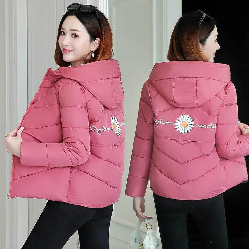 Women's Down Padded Jacket Korean Style Loose Small Wrinkle Chrysanthemum Print Short Section Thickened Student Jacket Tide