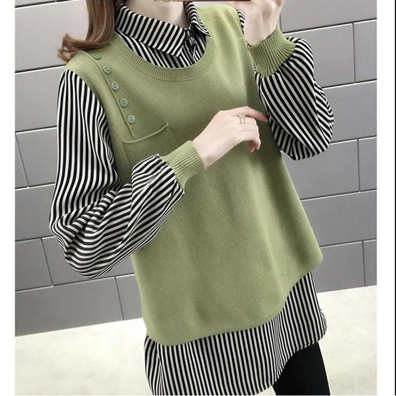 Autumn and Winter Shirt Collar Fake Two-piece Sweater Women All-match Bottoming Knitwear Top