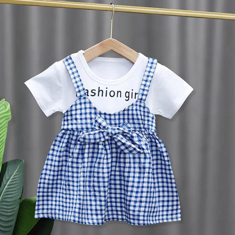 Children Dress Spring Summer Round Neck Kids Clothing Toddler Baby Girls Clothing Plaid Bow Pieated Short Sleeve Dress Girl