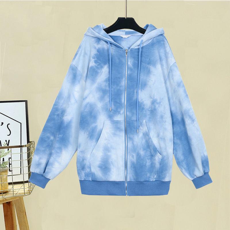 Women Tie-dye Printed  Hoodies Sweatshirt Coat Zip Up Outerwears Hooded Jacket Pockets Plus Size Outwear Tops