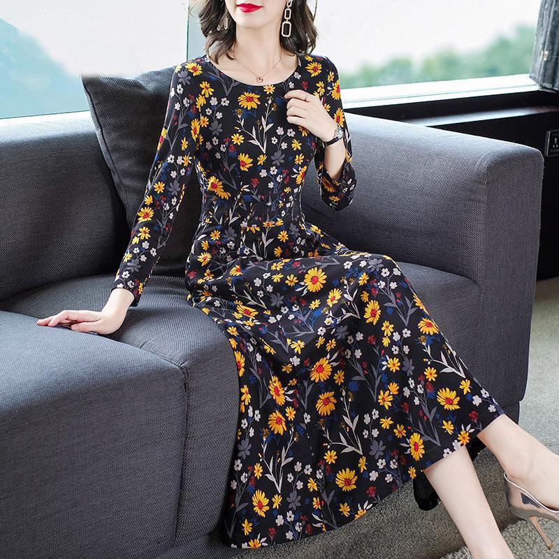 M-XXXXXL Plus Size Women Summer Printed Floral Over-the-knee Dress Round Neck Long Sleeve A-line Skirt