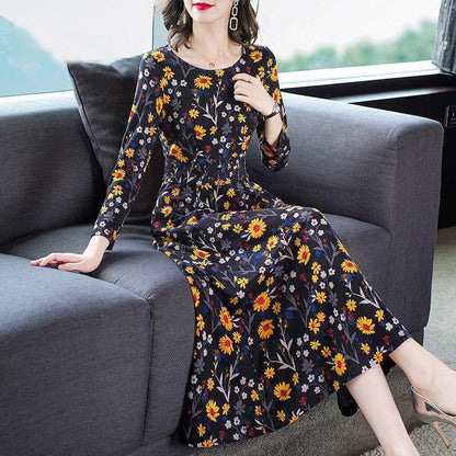 M-XXXXXL Plus Size Women Summer Printed Floral Over-the-knee Dress Round Neck Long Sleeve A-line Skirt