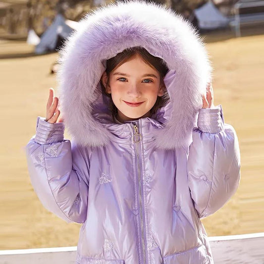 Girls' Warm Down Jacket Thick and Windproof Mid-length Coat Korean Style Over-the-knee Winter Coat