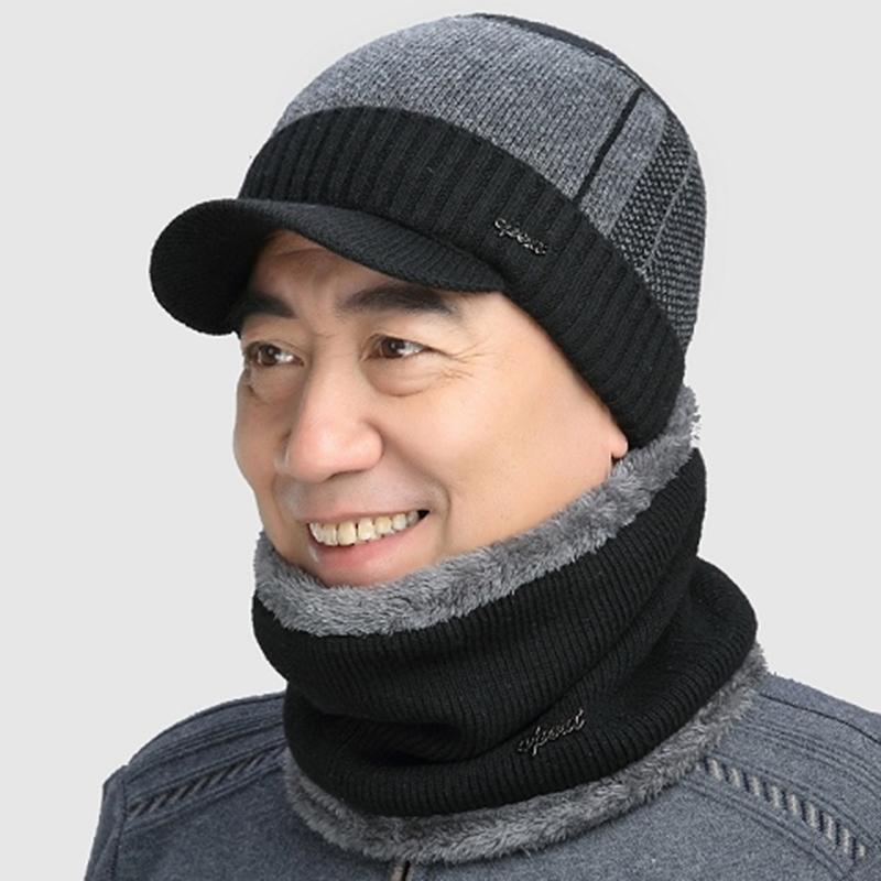 Men's Wool Hat and Bib Set Winter Ear Protection Thickened Plus Fleece Knitted Hat with Eaves Warm Hat for Middle-aged and Elderly Men