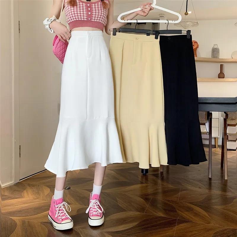 Ruffled Skirt Women's Summer High Waist Slim Mid-length A-line Skirt Solid Color Irregular Edge Fishtail Skirt