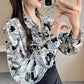 Long-sleeved Casual Tops Large Size Loose Chiffon Shirts Women's Spring and Autumn Lapel Elegant Printed Blouses
