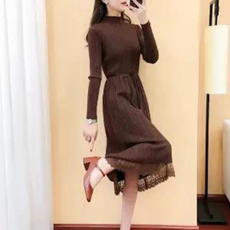 Long Sweater Dress Over The Knee Thickening New Women's Half High Neck Lace Stitching Lace Knitted Dress