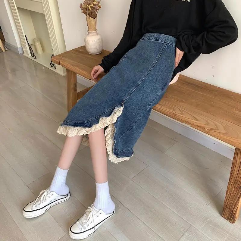 Women Sexy Sweet Solid Split Denim Skirt Lace High Waist Above Knee Hip Skirt Casual Club Home Office