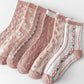 4 Pairs Women's Pink Socks Japanese Sweet Three-dimensional Jacquard Medium High Tube Stocking Spring Autumn Winter Comfortable Elastic Socks