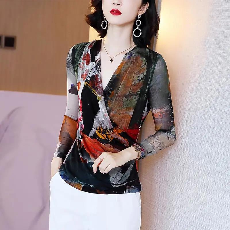 Women Spring Autumn Style silk imitation Blouses TShirts Lady Casual Long Sleeve V-Neck Printed Tops Pullover