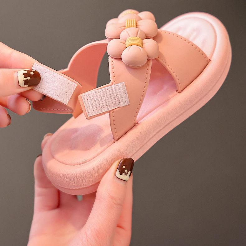 Children's Sandals Summer Girl's Princess Non-slip Soft Sole Beach Sandals Kid's Large Size Solid Color Flowers Sandals