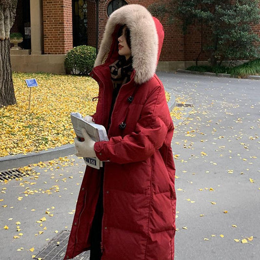 Women's Mid-length Down Cotton Jacket Big Hat Fur Follar Horn Buckle  Zipper Warm Winter Coat Solid Color