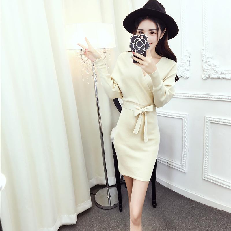 Spring and Autumn Fashion Sexy Jacket Korean Slim Dress V-neck Long Sleeve Halter Sweater