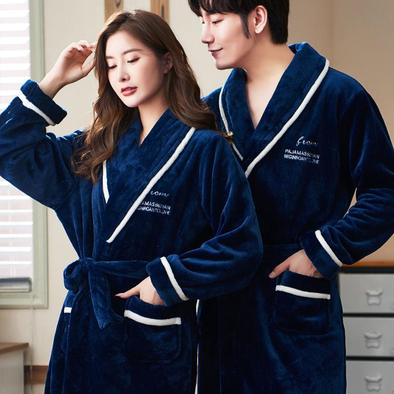 Autumn Winter Pajamas for Women Men Couple Nightgown Thick Velvet Flannel Bathrobe Coral Fleece Long Sleeve Pyjamas Casual Loose Homewear Sleepwear