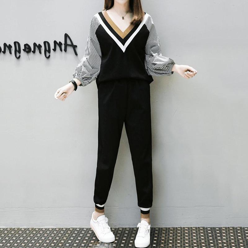 Spring and Autumn Plus Size Women's Clothing Slimming Harem Pants Two-piece Age-reducing Suit Long-sleeved V-neck Shirt + Casual Elastic Trousers